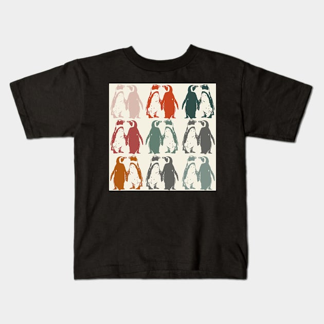 Colourful penguins in vintage colours Kids T-Shirt by NattyDesigns